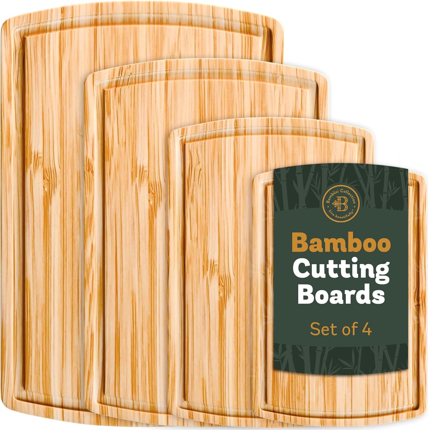 Wooden Cutting Boards for Kitchen - 3 Piece Carbonized Bamboo Cutting Board Set with Deep Juice Groove, Side Handles, Meal Prep Chopping Boards for Meat Vegetables Fruit, Charcuterie Serving Tray