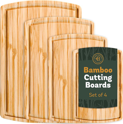 Wooden Cutting Boards for Kitchen - 3 Piece Carbonized Bamboo Cutting Board Set with Deep Juice Groove, Side Handles, Meal Prep Chopping Boards for Meat Vegetables Fruit, Charcuterie Serving Tray