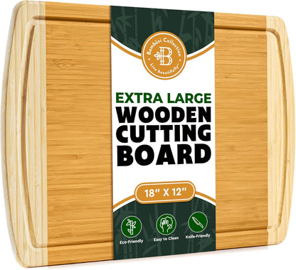 Wooden Cutting Boards for Kitchen - 3 Piece Carbonized Bamboo Cutting Board Set with Deep Juice Groove, Side Handles, Meal Prep Chopping Boards for Meat Vegetables Fruit, Charcuterie Serving Tray