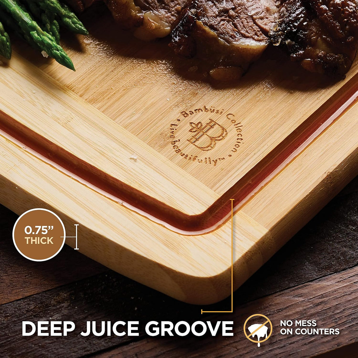 Wooden Cutting Boards for Kitchen - 3 Piece Carbonized Bamboo Cutting Board Set with Deep Juice Groove, Side Handles, Meal Prep Chopping Boards for Meat Vegetables Fruit, Charcuterie Serving Tray