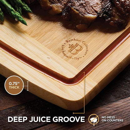 Wooden Cutting Boards for Kitchen - 3 Piece Carbonized Bamboo Cutting Board Set with Deep Juice Groove, Side Handles, Meal Prep Chopping Boards for Meat Vegetables Fruit, Charcuterie Serving Tray