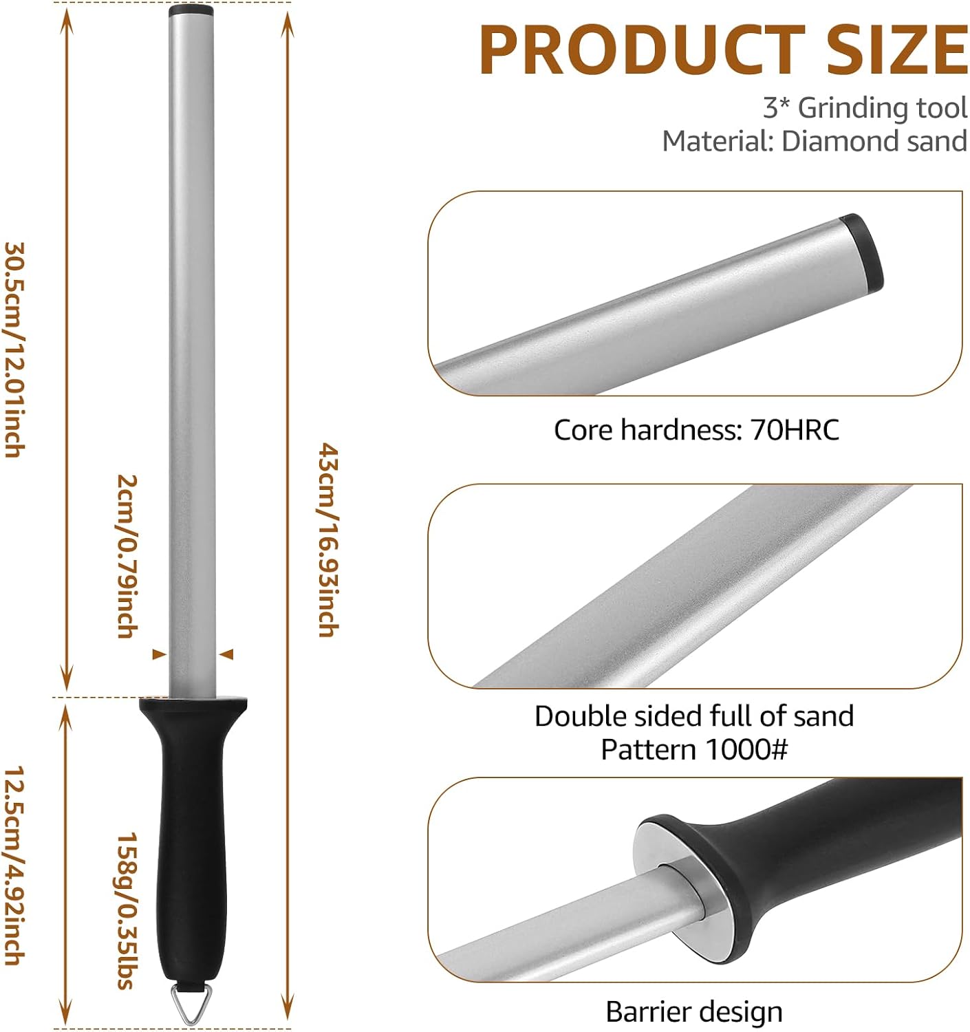 3 Pcs Diamond Sharpening Steel Rod, 12 Inches Diamond Honing Steel Knife Sharpener Rod, 1000 Grit Portable Knife Sharpener Stick for Honing Knives Blade