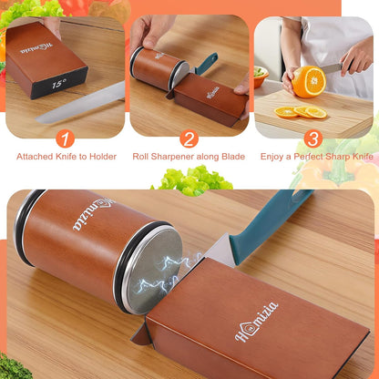 Knife Sharpener Tool - Rolling Knife Sharpener Kit – Diamond & Ceramic Discs, Magnetic 15° & 20° Angle Guide, 2-Stage Manual Knife Sharpening Fast & Safe for Any Hardness Ideal Gift