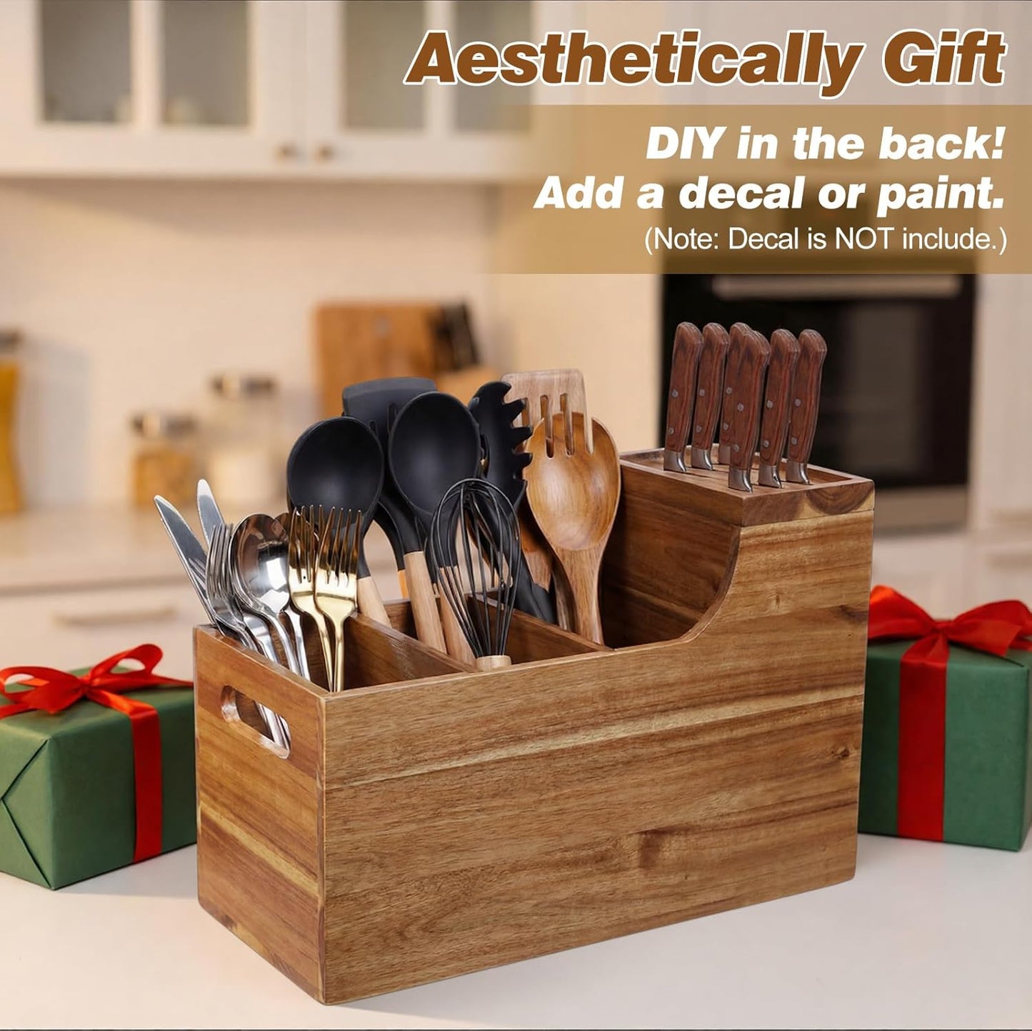Acacia Wood Utensil Holder with Knife Block Acacia Kitchen Utensil Knife Holder Organizer Solid Wood Wall-mountable Storage Cooking and Silverware Rustic Wooden Organizer Container