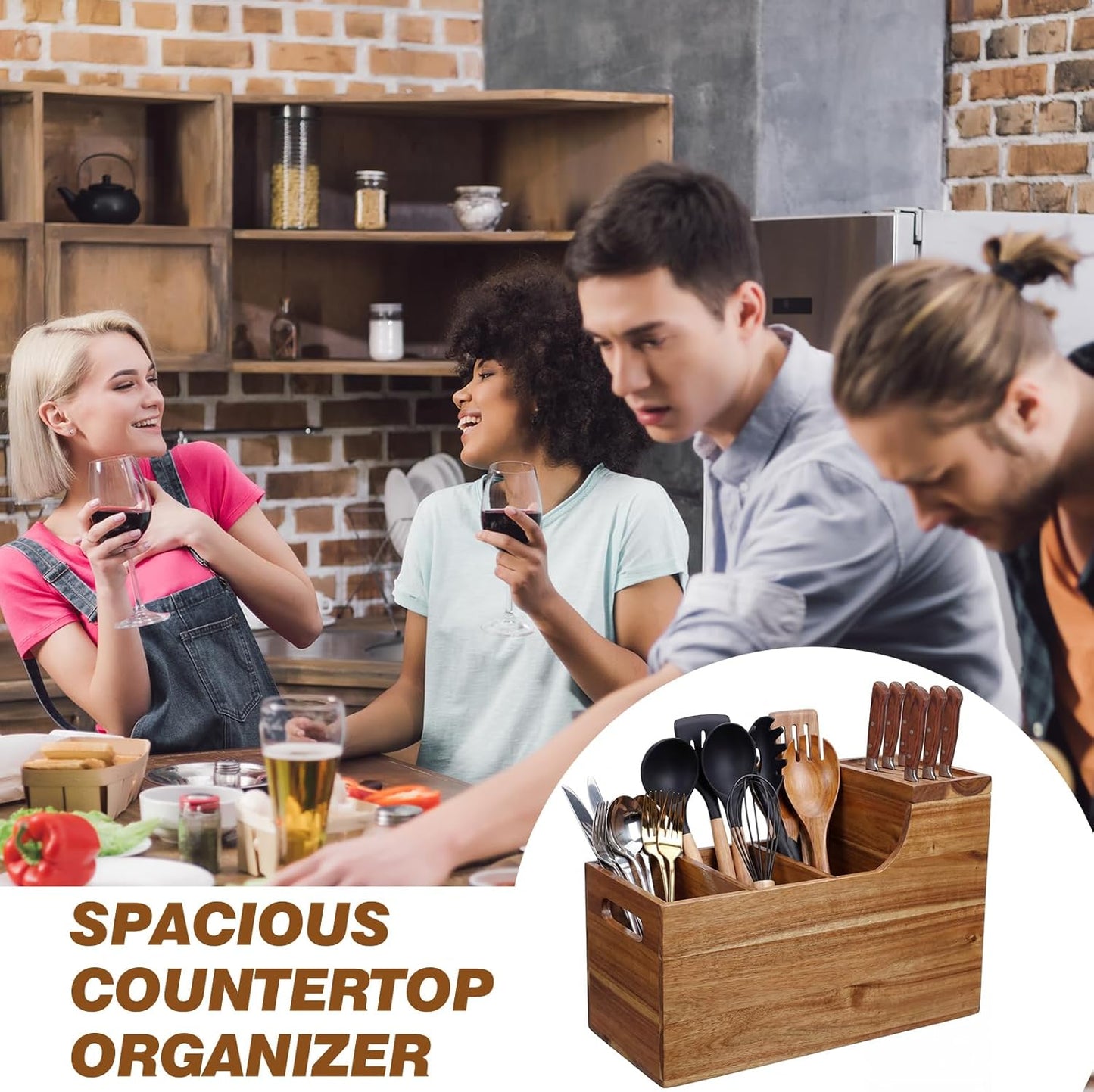 Acacia Wood Utensil Holder with Knife Block Acacia Kitchen Utensil Knife Holder Organizer Solid Wood Wall-mountable Storage Cooking and Silverware Rustic Wooden Organizer Container