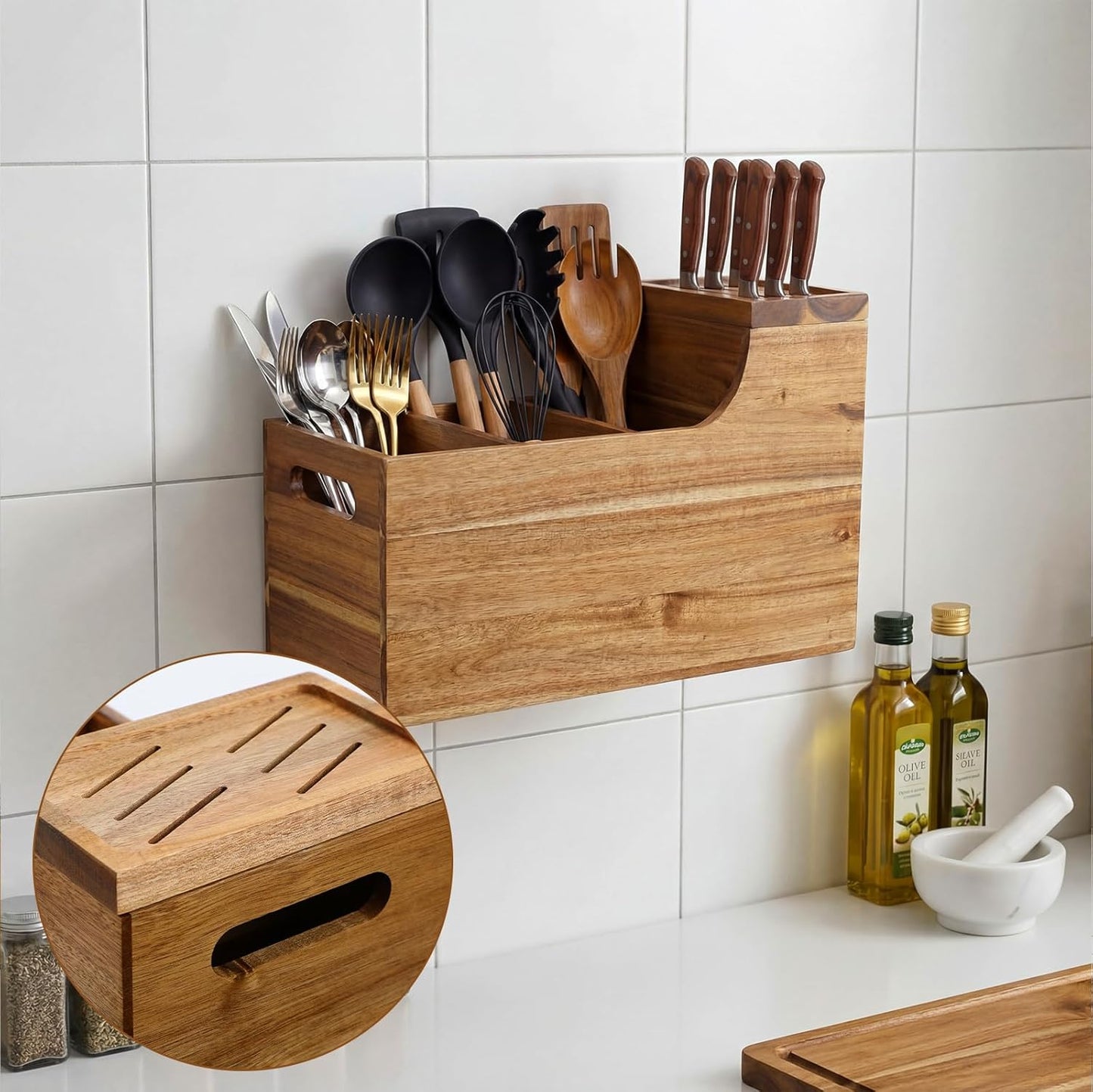 Acacia Wood Utensil Holder with Knife Block Acacia Kitchen Utensil Knife Holder Organizer Solid Wood Wall-mountable Storage Cooking and Silverware Rustic Wooden Organizer Container