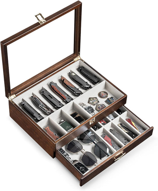 Pocket Knife Display Case for Collection of 18-24 Folding Knives, Pocket Case with Real Glass Window Top, Two-Tier Knife Organizer Storage Box, Men's Gift (Walnut)