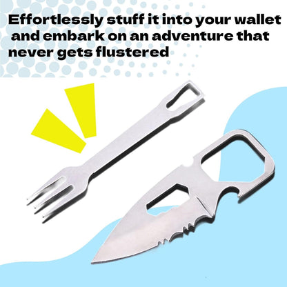 Survival Tools Multi-Function Camping Fork Card Knife with Measuring Ruler & Bottle Opener (4-in-1 Pocket Tool Kit)