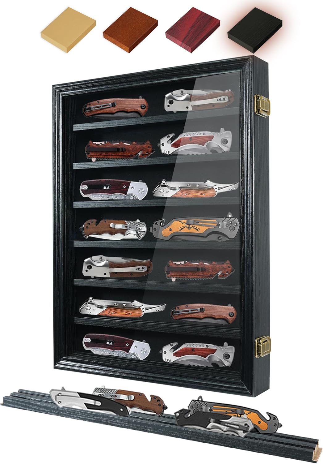 Pocket Knife Display Case 7 Rows Lockable Wooden Knife Shadow Box with HD Tempered Glass, Military Folding Knife Cabinet Stand for Wall with Removable Shelves, Black