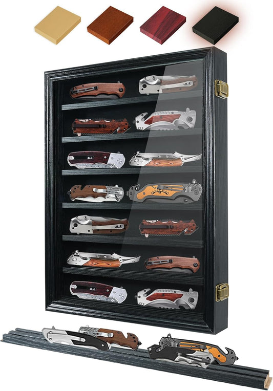 Pocket Knife Display Case 7 Rows Lockable Wooden Knife Shadow Box with HD Tempered Glass, Military Folding Knife Cabinet Stand for Wall with Removable Shelves, Black
