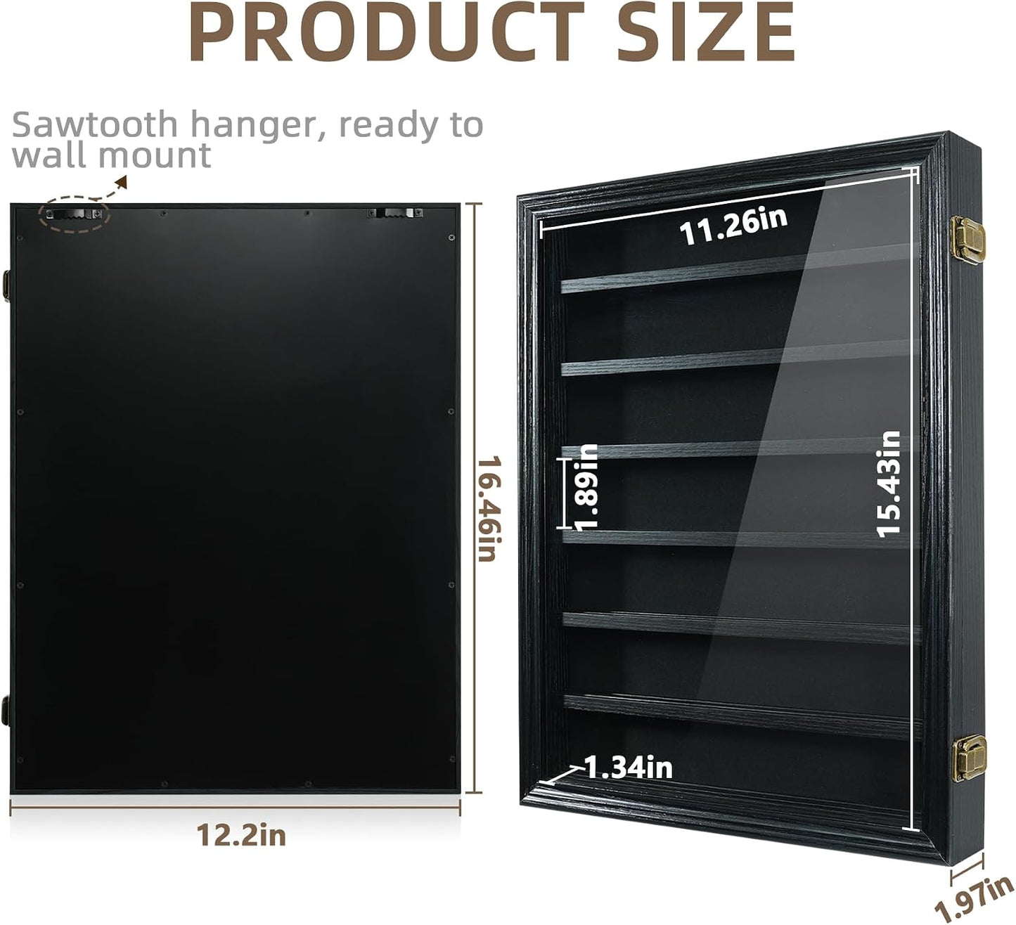 Pocket Knife Display Case 7 Rows Lockable Wooden Knife Shadow Box with HD Tempered Glass, Military Folding Knife Cabinet Stand for Wall with Removable Shelves, Black