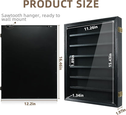 Pocket Knife Display Case 7 Rows Lockable Wooden Knife Shadow Box with HD Tempered Glass, Military Folding Knife Cabinet Stand for Wall with Removable Shelves, Black