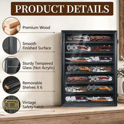 Pocket Knife Display Case 7 Rows Lockable Wooden Knife Shadow Box with HD Tempered Glass, Military Folding Knife Cabinet Stand for Wall with Removable Shelves, Black