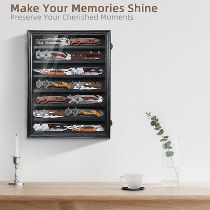 Pocket Knife Display Case 7 Rows Lockable Wooden Knife Shadow Box with HD Tempered Glass, Military Folding Knife Cabinet Stand for Wall with Removable Shelves, Black