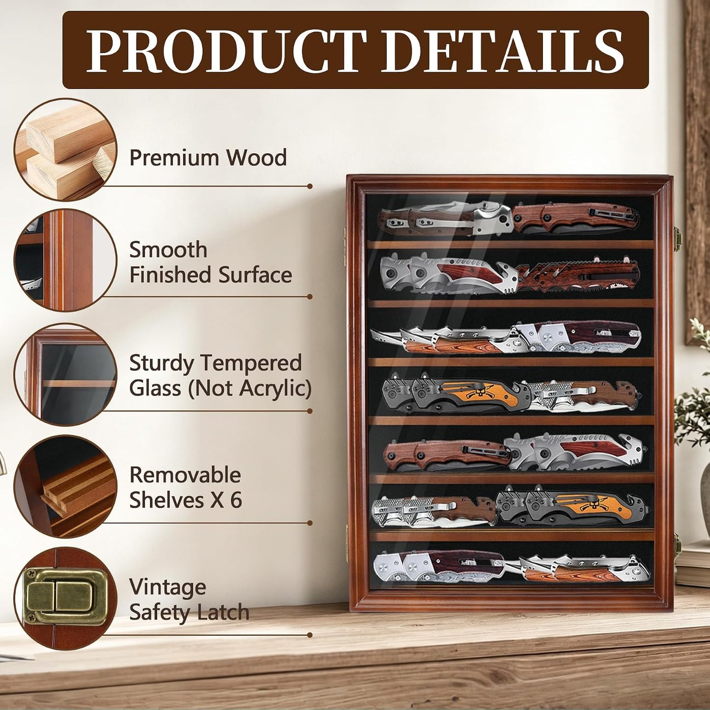 Pocket Knife Display Case 7 Rows Lockable Wooden Knife Shadow Box with HD Tempered Glass, Military Folding Knife Cabinet Stand for Wall with Removable Shelves, Black
