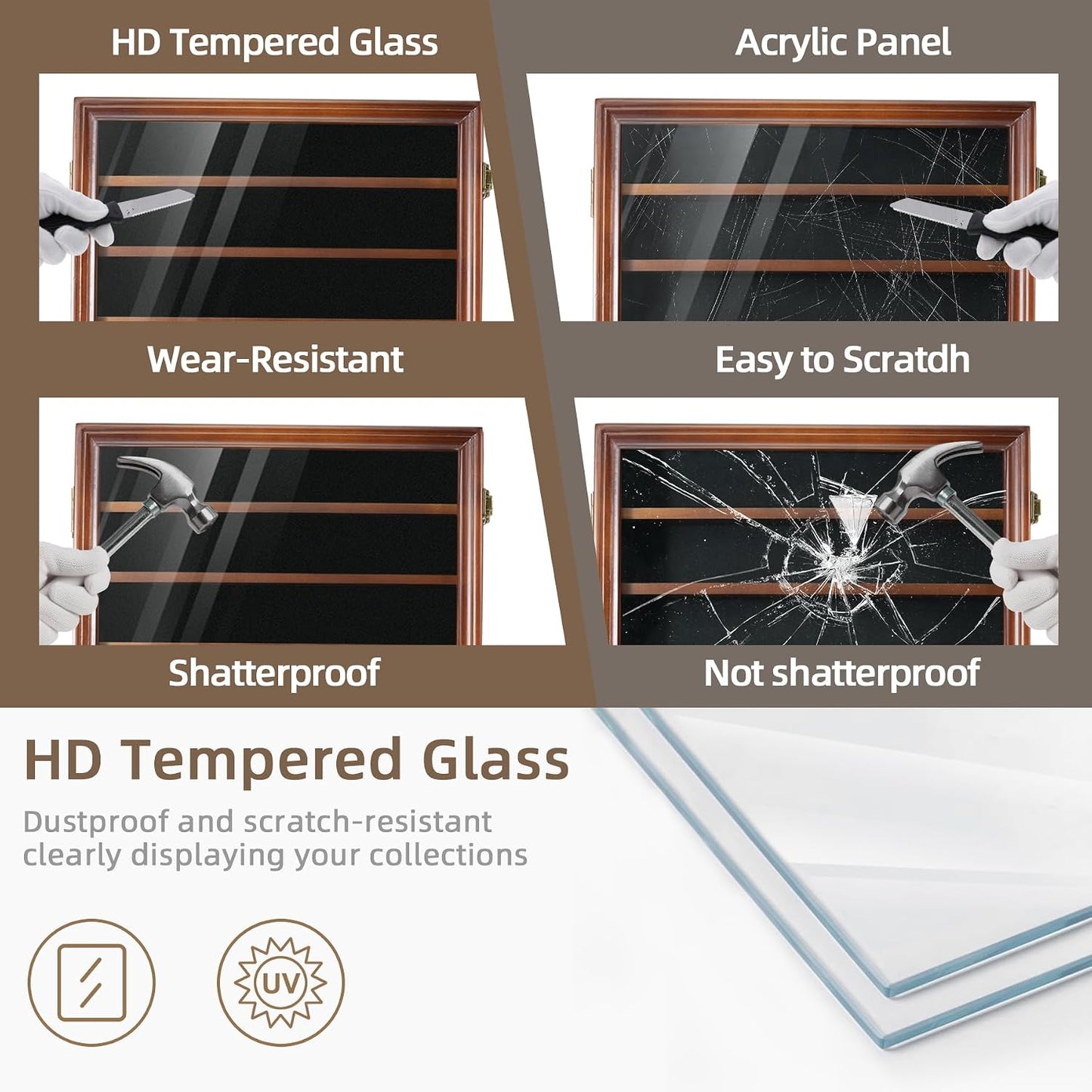 Pocket Knife Display Case 7 Rows Lockable Wooden Knife Shadow Box with HD Tempered Glass, Military Folding Knife Cabinet Stand for Wall with Removable Shelves, Black