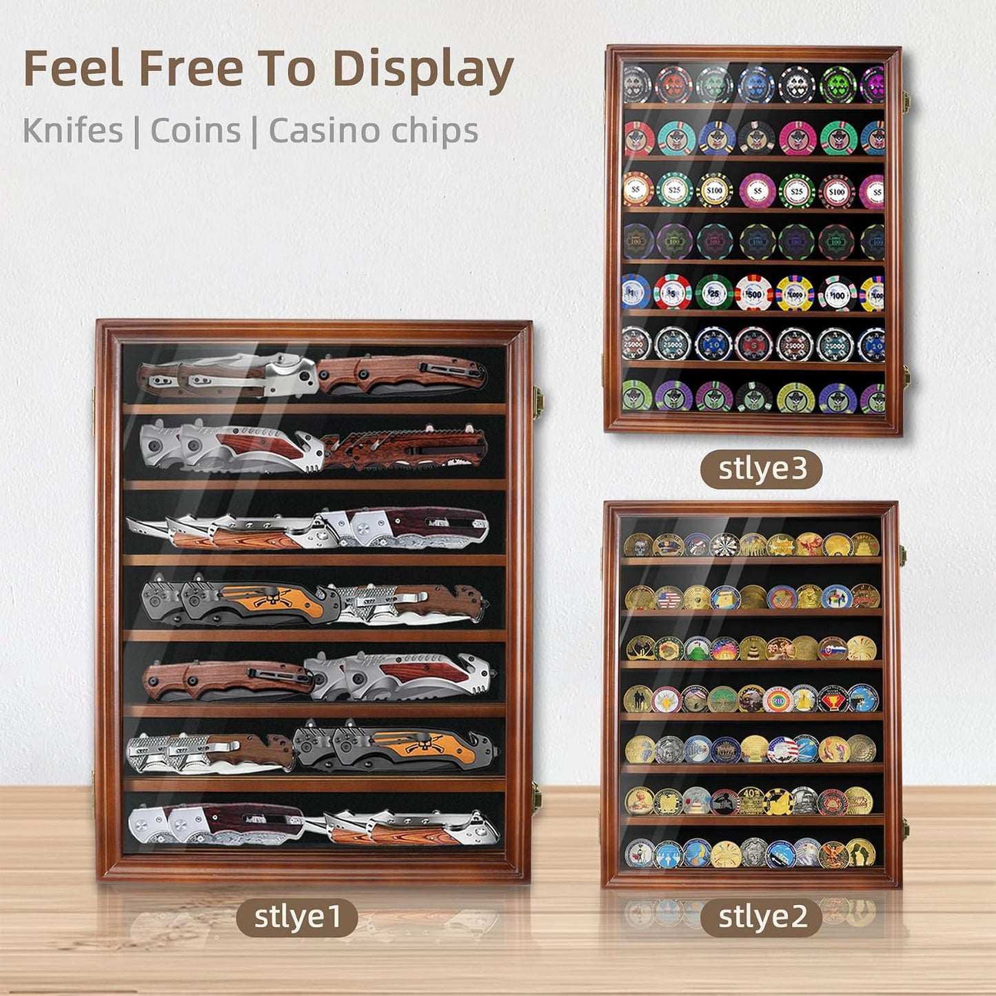 Pocket Knife Display Case 7 Rows Lockable Wooden Knife Shadow Box with HD Tempered Glass, Military Folding Knife Cabinet Stand for Wall with Removable Shelves, Black