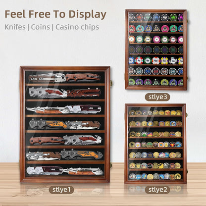 Pocket Knife Display Case 7 Rows Lockable Wooden Knife Shadow Box with HD Tempered Glass, Military Folding Knife Cabinet Stand for Wall with Removable Shelves, Black