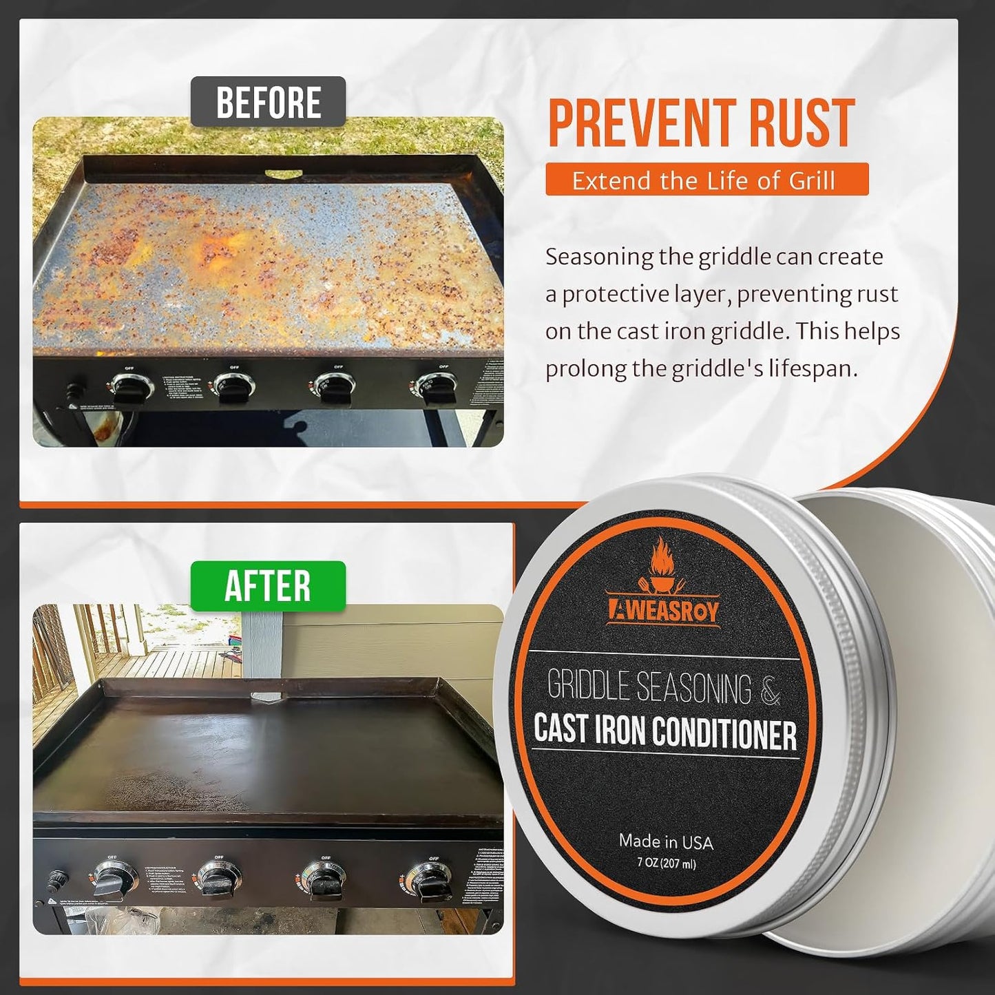Griddle Seasoning & Cast Iron Seasoning Conditioner 7 OZ Care Kit, with Rust Remover Food Safe Griddle Seasoning for Blackstone, Pans, Carbon Steel – Maintain a Cleaner Non-Stick Skillet