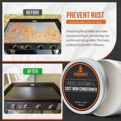 Griddle Seasoning & Cast Iron Seasoning Conditioner 7 OZ Care Kit, with Rust Remover Food Safe Griddle Seasoning for Blackstone, Pans, Carbon Steel – Maintain a Cleaner Non-Stick Skillet