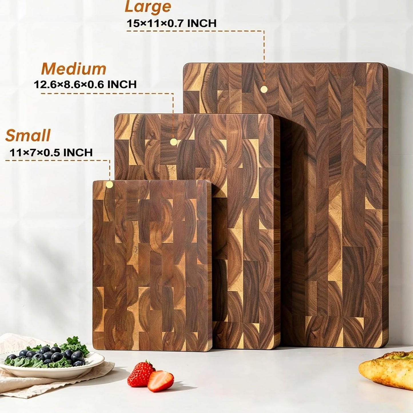 3 Pack Acacia End-Grain Cutting Board Set, End Grain Wooden Chopping Board, Heavy Duty Non Toxic Slip for Kitchen Prep & Charcuterie Serving, Extra Large Butcher Block Best House Warming Gift