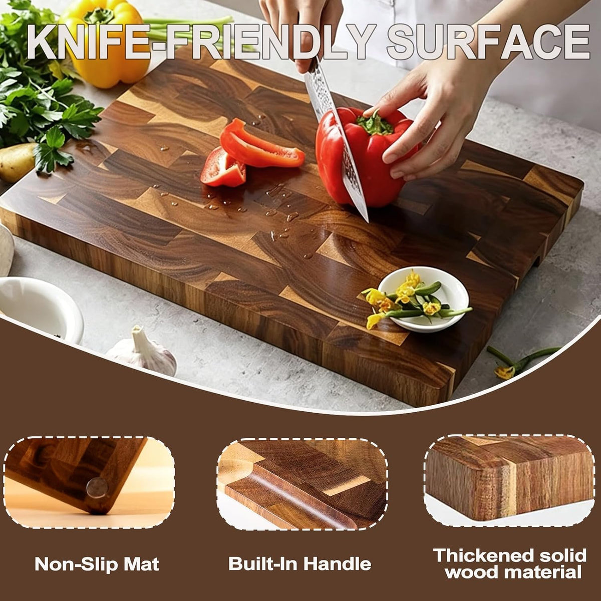 3 Pack Acacia End-Grain Cutting Board Set, End Grain Wooden Chopping Board, Heavy Duty Non Toxic Slip for Kitchen Prep & Charcuterie Serving, Extra Large Butcher Block Best House Warming Gift