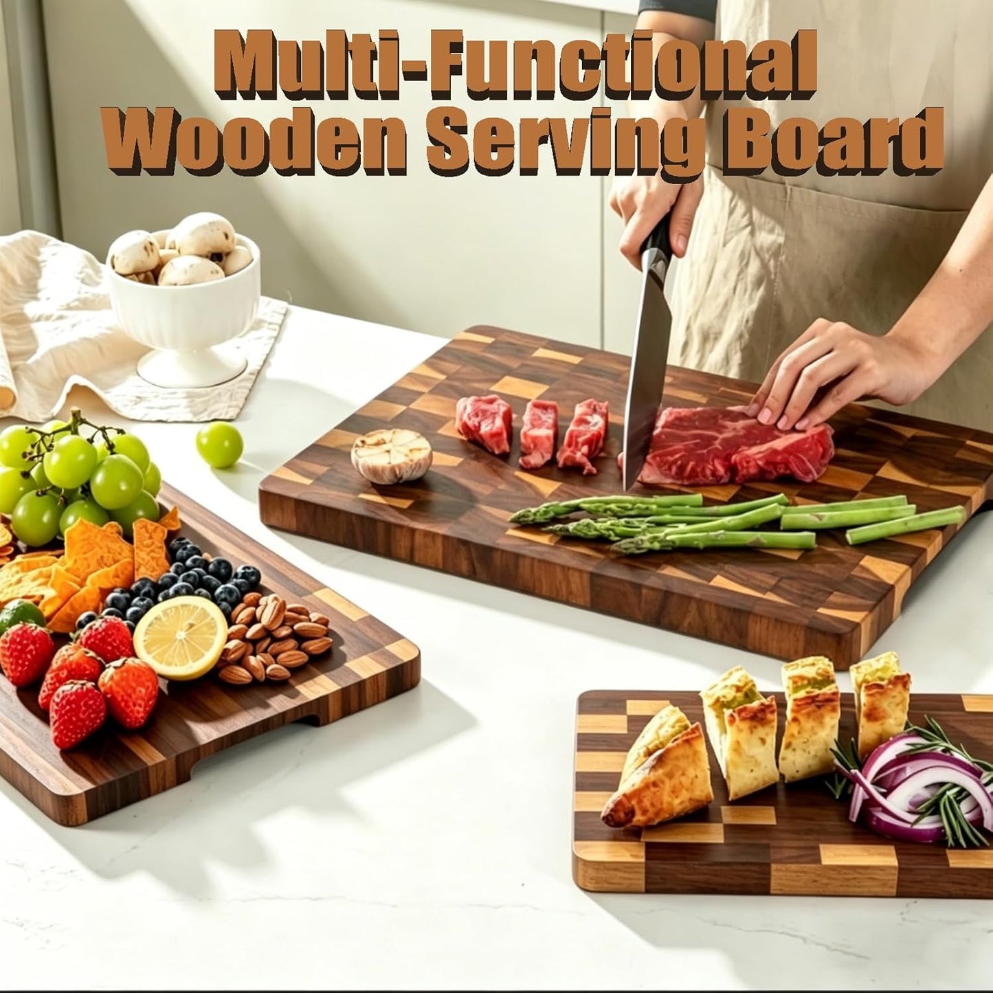 3 Pack Acacia End-Grain Cutting Board Set, End Grain Wooden Chopping Board, Heavy Duty Non Toxic Slip for Kitchen Prep & Charcuterie Serving, Extra Large Butcher Block Best House Warming Gift