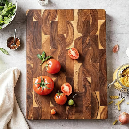 3 Pack Acacia End-Grain Cutting Board Set, End Grain Wooden Chopping Board, Heavy Duty Non Toxic Slip for Kitchen Prep & Charcuterie Serving, Extra Large Butcher Block Best House Warming Gift