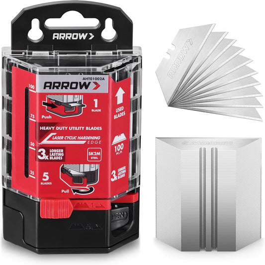 ARROW 100-Pack Utility Knife Blades, SK2M Steel Replacement Blades | Tempered Steel, Blade Dispenser, Sharp Edge, Box Cutting, Crafting, DIY Projects, Compatible Razor Knives