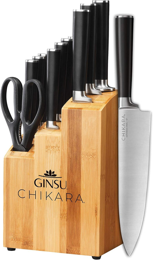 Chikara Series 12-Piece Japanese Kitchen Knife Set - Premium 420J Stainless Steel Cutlery Set with Bamboo Block, Perfect for Any Table or Dining Room, Includes Steak Knives – Black