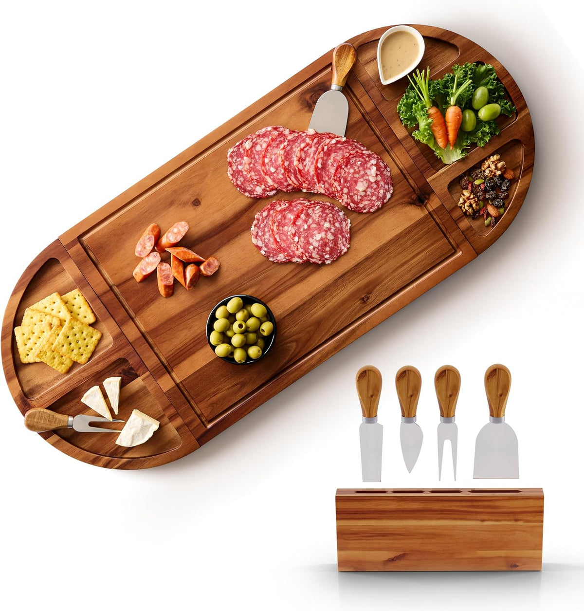 30" Large Acacia Wood Charcuterie Board with 4 Knives Set, Magnetic