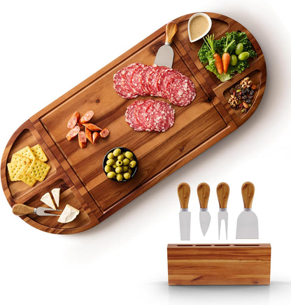 30" Large Acacia Wood Charcuterie Board with 4 Knives Set, Magnetic