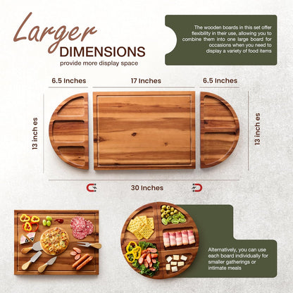 30" Large Acacia Wood Charcuterie Board with 4 Knives Set, Magnetic