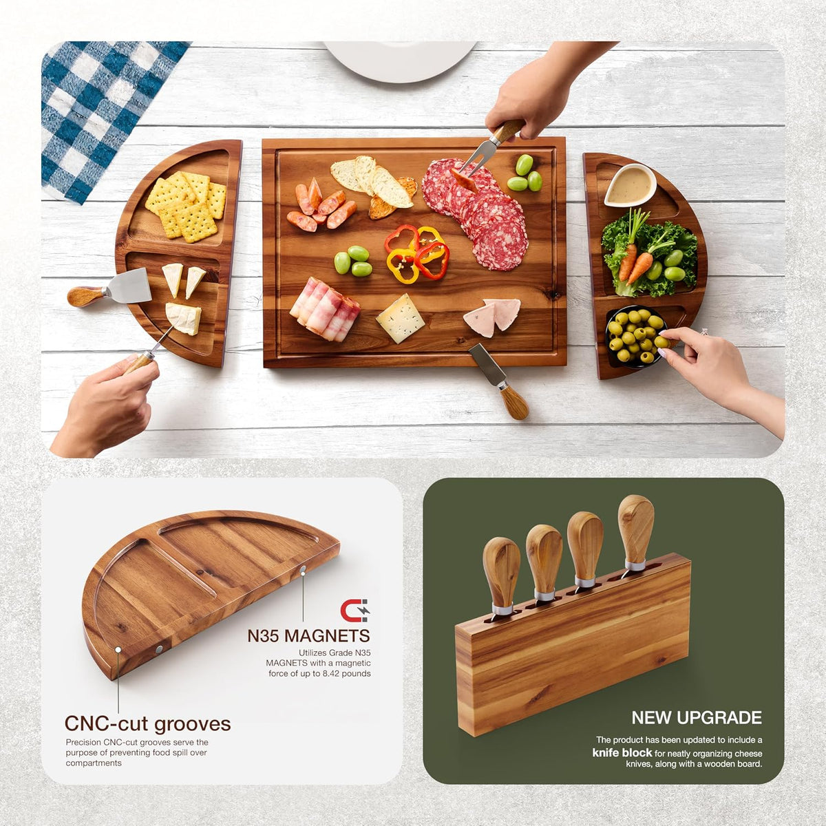 30" Large Acacia Wood Charcuterie Board with 4 Knives Set, Magnetic