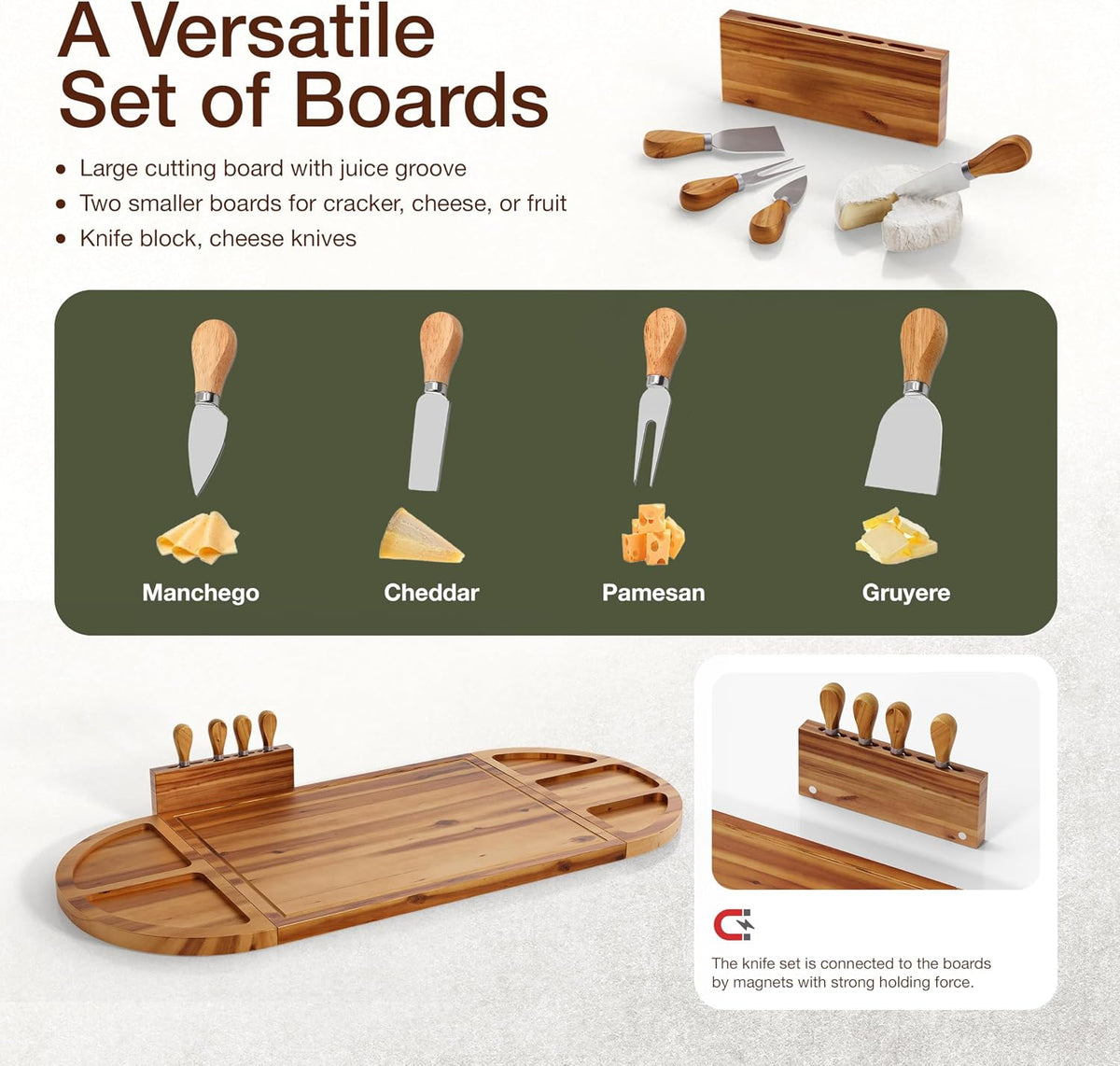 30" Large Acacia Wood Charcuterie Board with 4 Knives Set, Magnetic