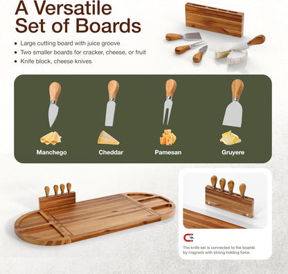 30" Large Acacia Wood Charcuterie Board with 4 Knives Set, Magnetic