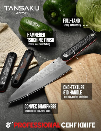 Chef Knife in Japanese High Carbon Stainless Steel, 8 Inch Ultra Sharp Hand Forged Japanese Chef's Knife, Professional Kitchen Cooking Knife with Non-slip G10 Handle, Meat Cutting Knife & Gifts Box