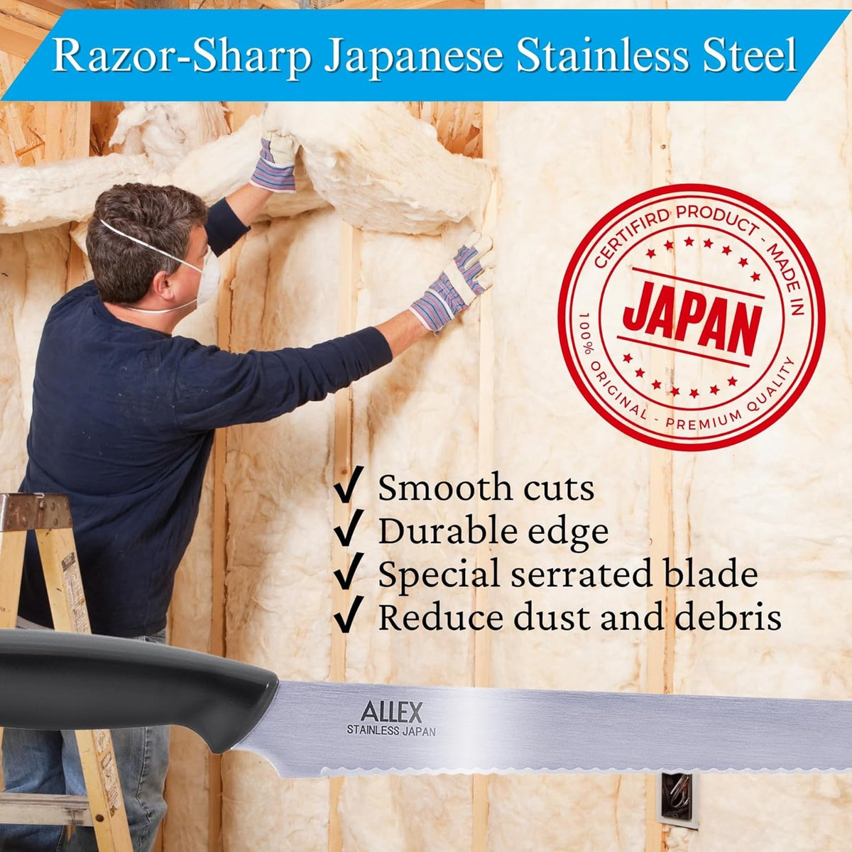 Large Insulation Knife Extra Long Cut 11", Japanese Stainless Steel Serrated Blade, Duct Knife Tool with Sheath for Insulation, Styrofoam, Polyurethane Foam, Made in JAPAN