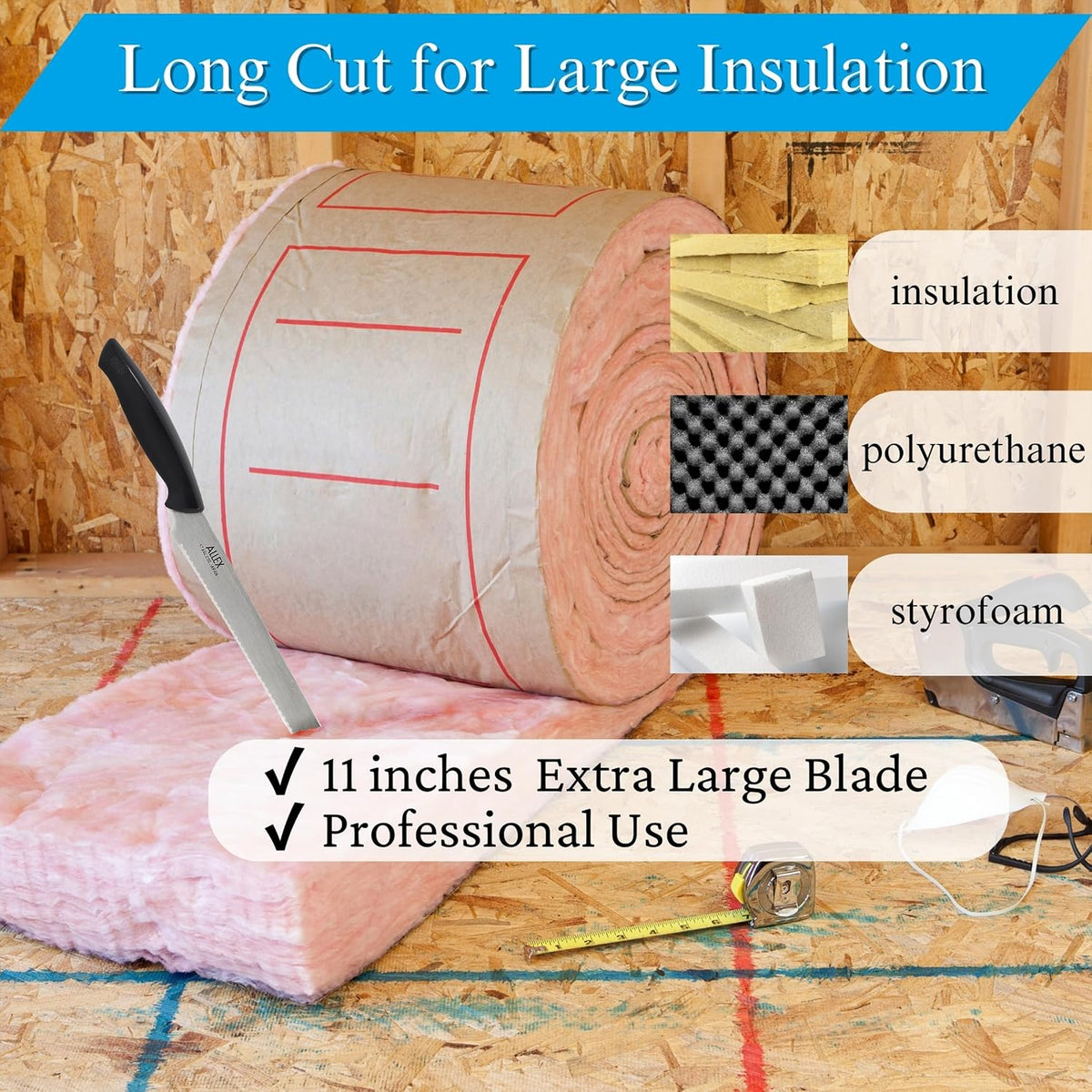 Large Insulation Knife Extra Long Cut 11", Japanese Stainless Steel Serrated Blade, Duct Knife Tool with Sheath for Insulation, Styrofoam, Polyurethane Foam, Made in JAPAN