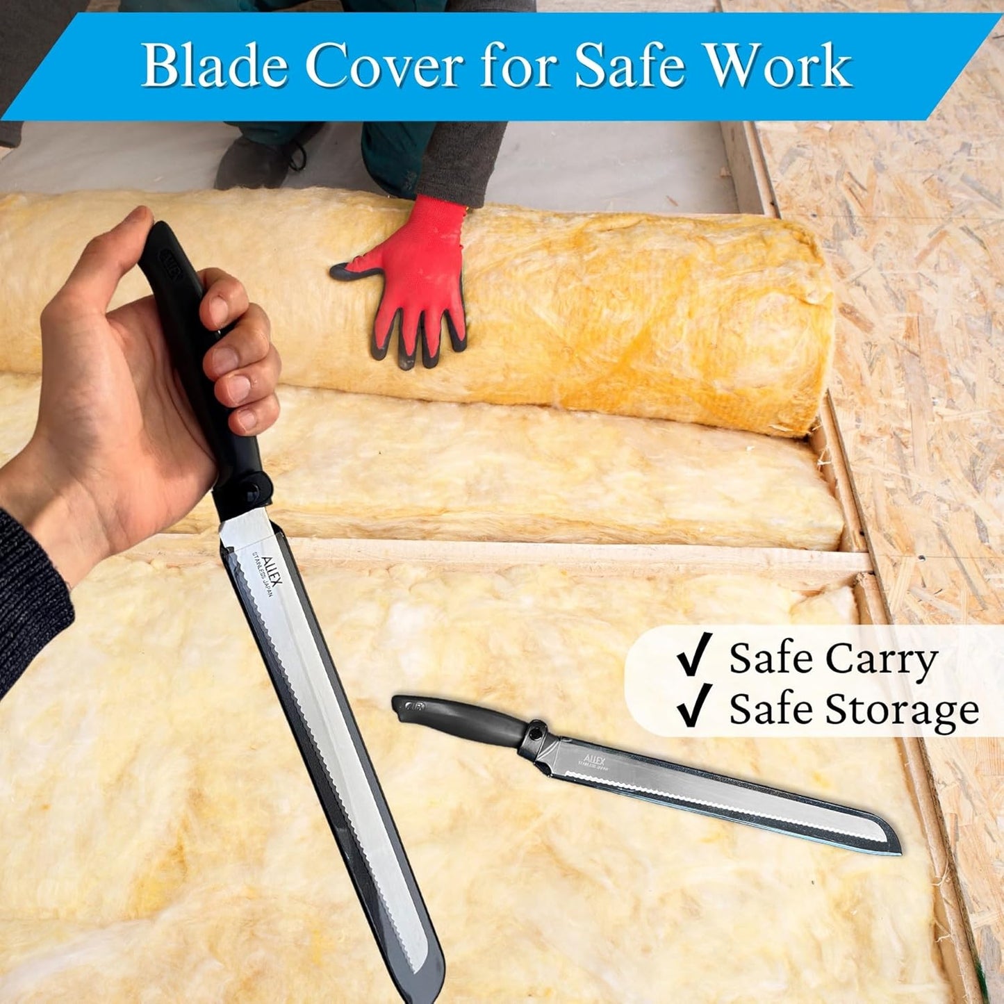 Large Insulation Knife Extra Long Cut 11", Japanese Stainless Steel Serrated Blade, Duct Knife Tool with Sheath for Insulation, Styrofoam, Polyurethane Foam, Made in JAPAN