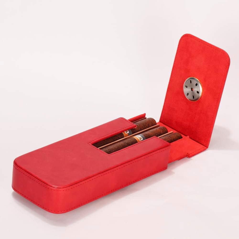 Leather Cigar Case -Thick cedar travel humidor, Cedar Wood Lined Cigar Humidor with Silver Stainless Steel Cutter