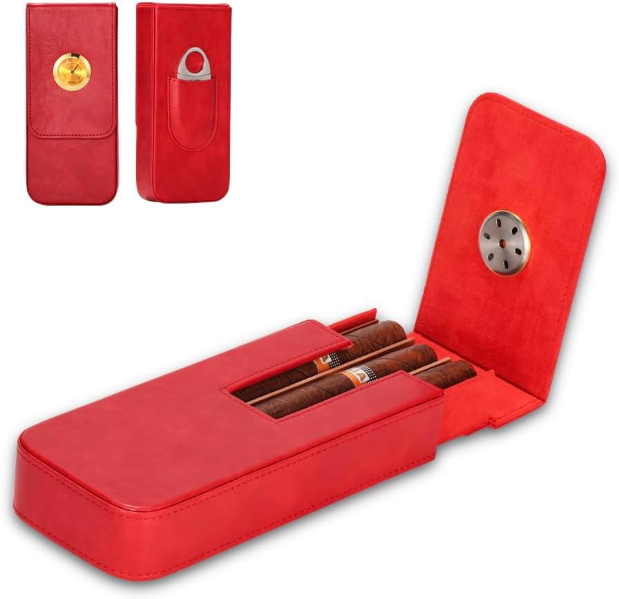 Leather Cigar Case -Thick cedar travel humidor, Cedar Wood Lined Cigar Humidor with Silver Stainless Steel Cutter