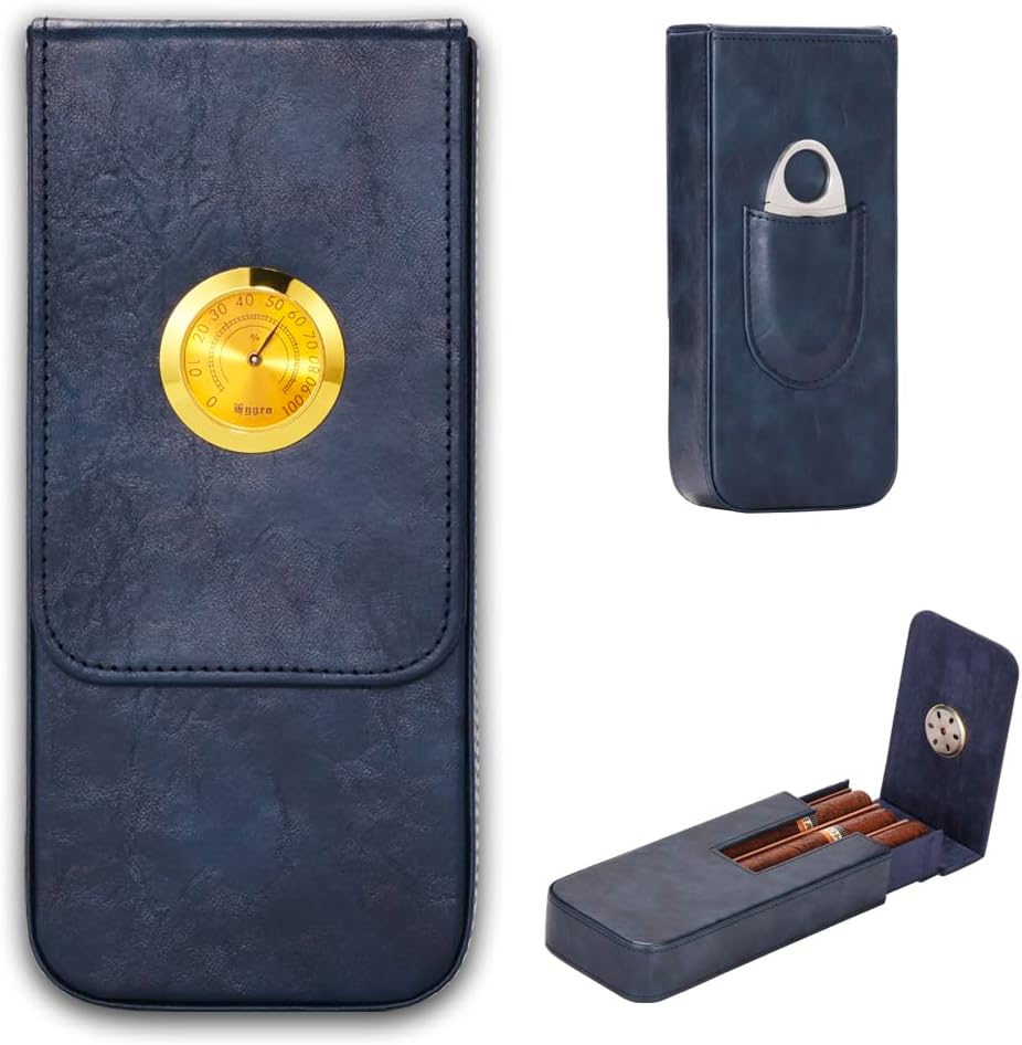 Leather Cigar Case -Thick cedar travel humidor, Cedar Wood Lined Cigar Humidor with Silver Stainless Steel Cutter