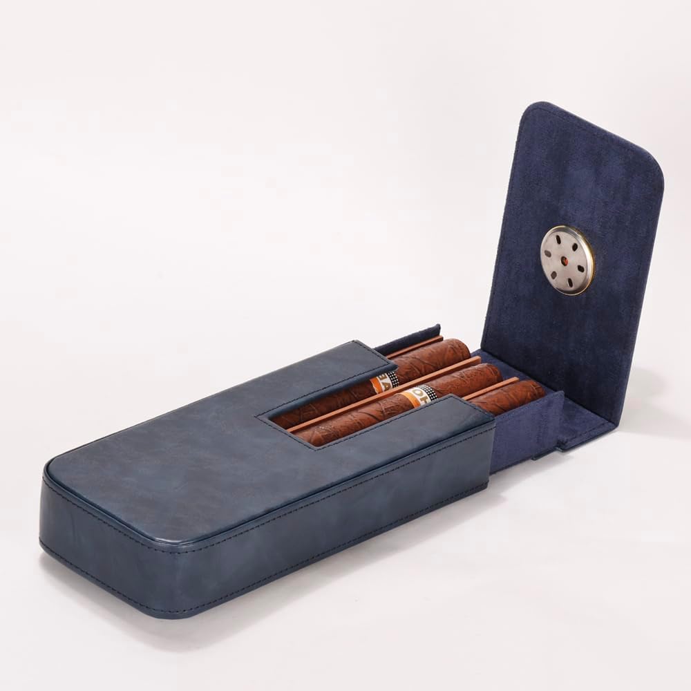 Leather Cigar Case -Thick cedar travel humidor, Cedar Wood Lined Cigar Humidor with Silver Stainless Steel Cutter