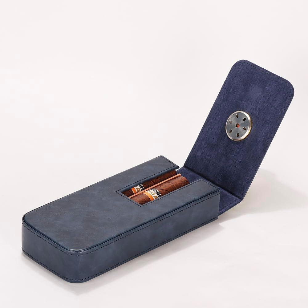 Leather Cigar Case -Thick cedar travel humidor, Cedar Wood Lined Cigar Humidor with Silver Stainless Steel Cutter