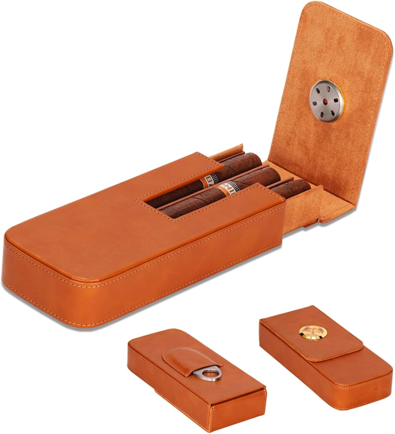 Leather Cigar Case -Thick cedar travel humidor, Cedar Wood Lined Cigar Humidor with Silver Stainless Steel Cutter