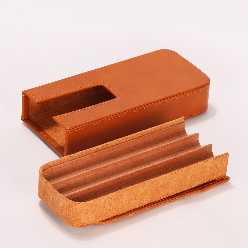 Leather Cigar Case -Thick cedar travel humidor, Cedar Wood Lined Cigar Humidor with Silver Stainless Steel Cutter