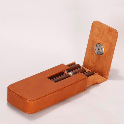 Leather Cigar Case -Thick cedar travel humidor, Cedar Wood Lined Cigar Humidor with Silver Stainless Steel Cutter