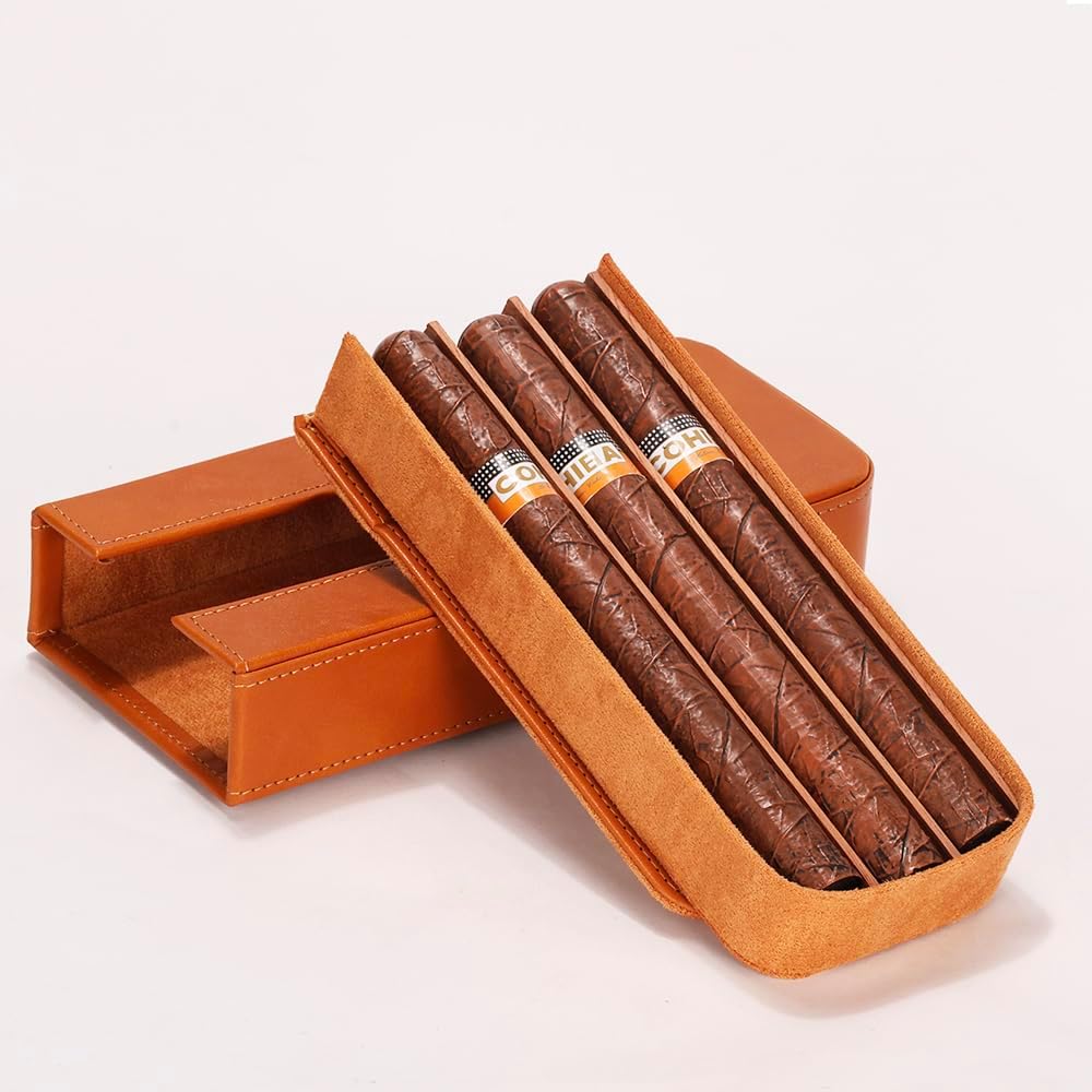 Leather Cigar Case -Thick cedar travel humidor, Cedar Wood Lined Cigar Humidor with Silver Stainless Steel Cutter
