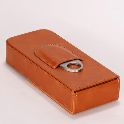 Leather Cigar Case -Thick cedar travel humidor, Cedar Wood Lined Cigar Humidor with Silver Stainless Steel Cutter
